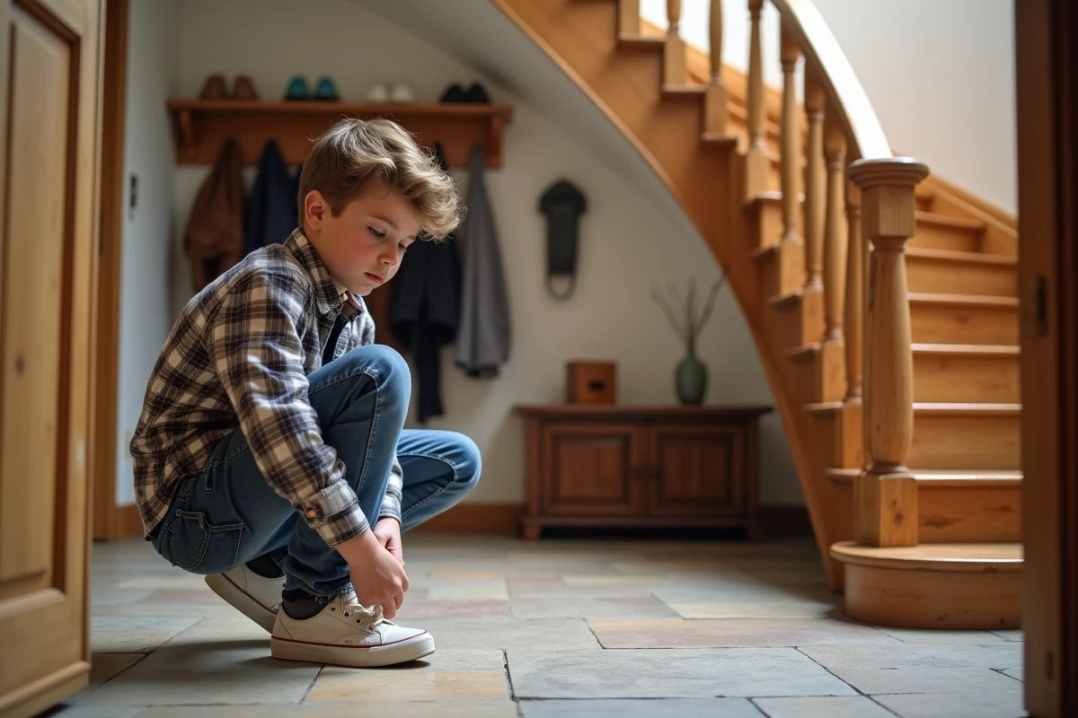 Adolescent nouant ses chaussures au pied de l