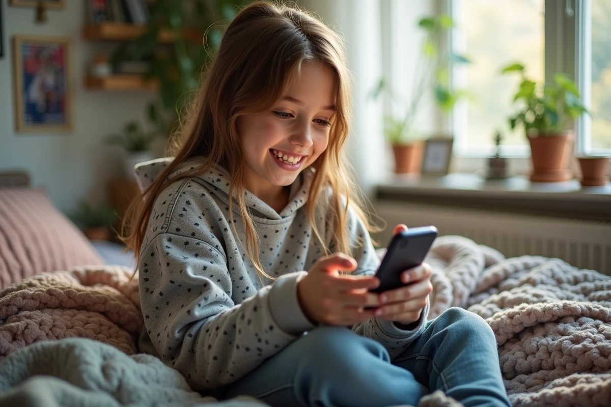 Adolescente souriante utilisant son smartphone dans sa chambre