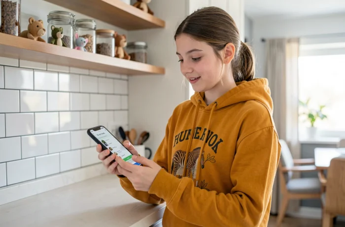 Adolescente explorant le plan du site Animal Time sur smartphone dans une cuisine moderne avec décorations animales