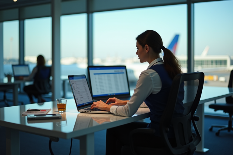 Agent de compagnie aérienne au bureau avec ordinateur