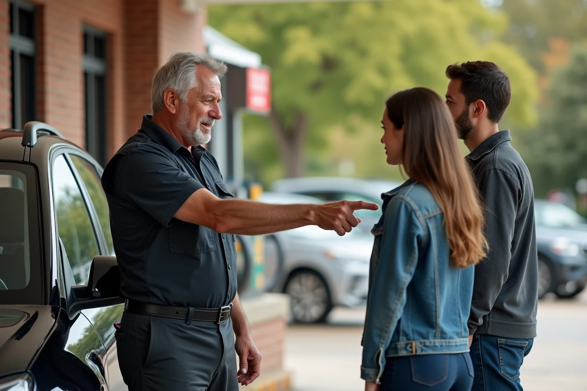 Agent de service montrant le bouchon de carburant à un couple