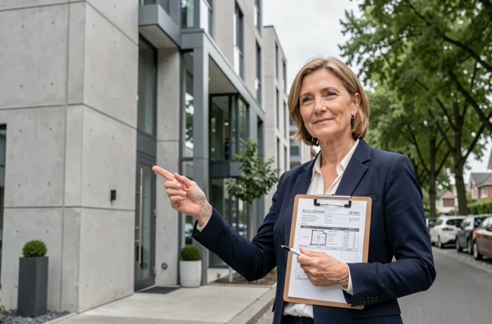 Agente immobilière professionnelle présentant un bien immobilier devant un immeuble résidentiel moderne