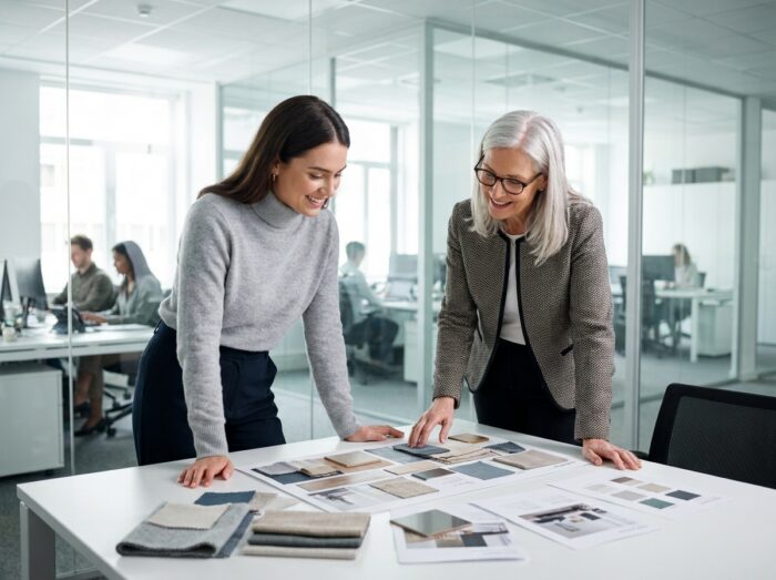 Alternante en design d'intérieur en réunion de suivi avec une designer senior dans une agence contemporaine