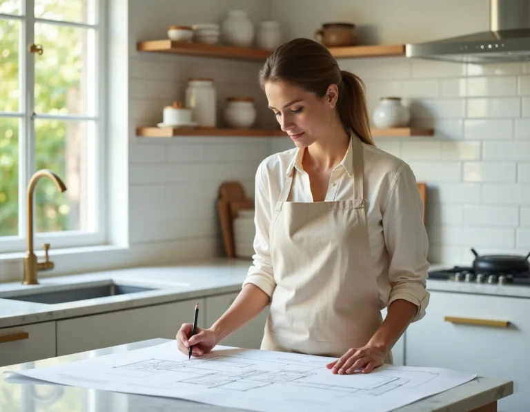 Femme consultant des plans d'architecture dans une cuisine moderne aménagée avec soin