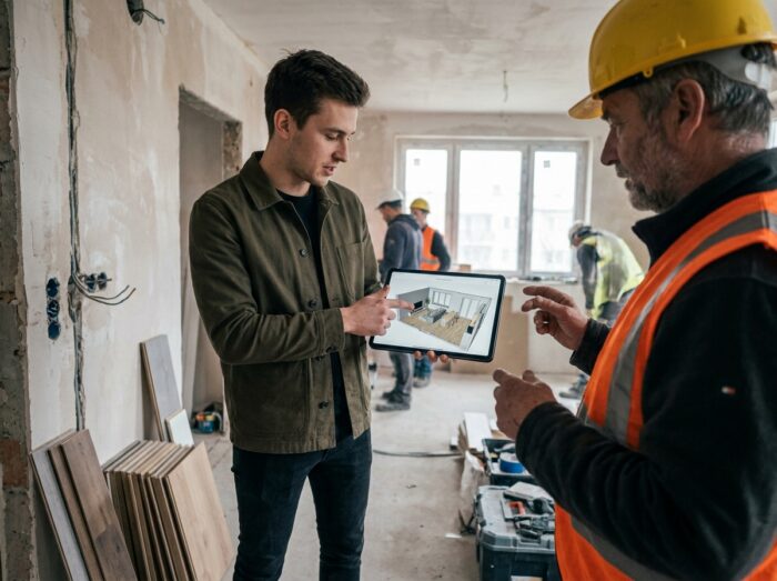 Apprenti en architecture d'intérieur sur un chantier de rénovation consultant un rendu 3D avec un chef de chantier