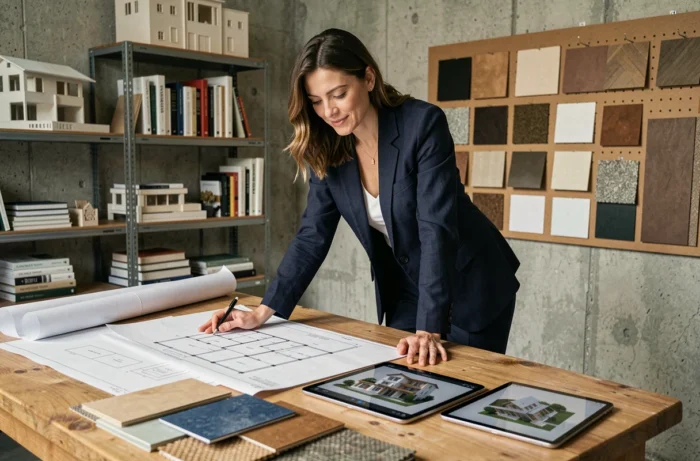 Architecte d'intérieur féminine étudiant des plans de rénovation dans un studio industriel avec murs en béton et échantillons de matériaux