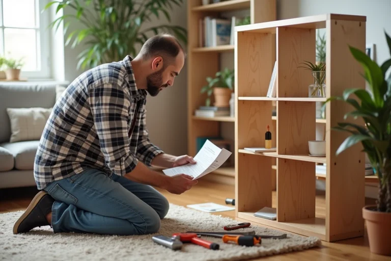 Homme d'âge moyen assemble un meuble en bois dans un salon lumineux