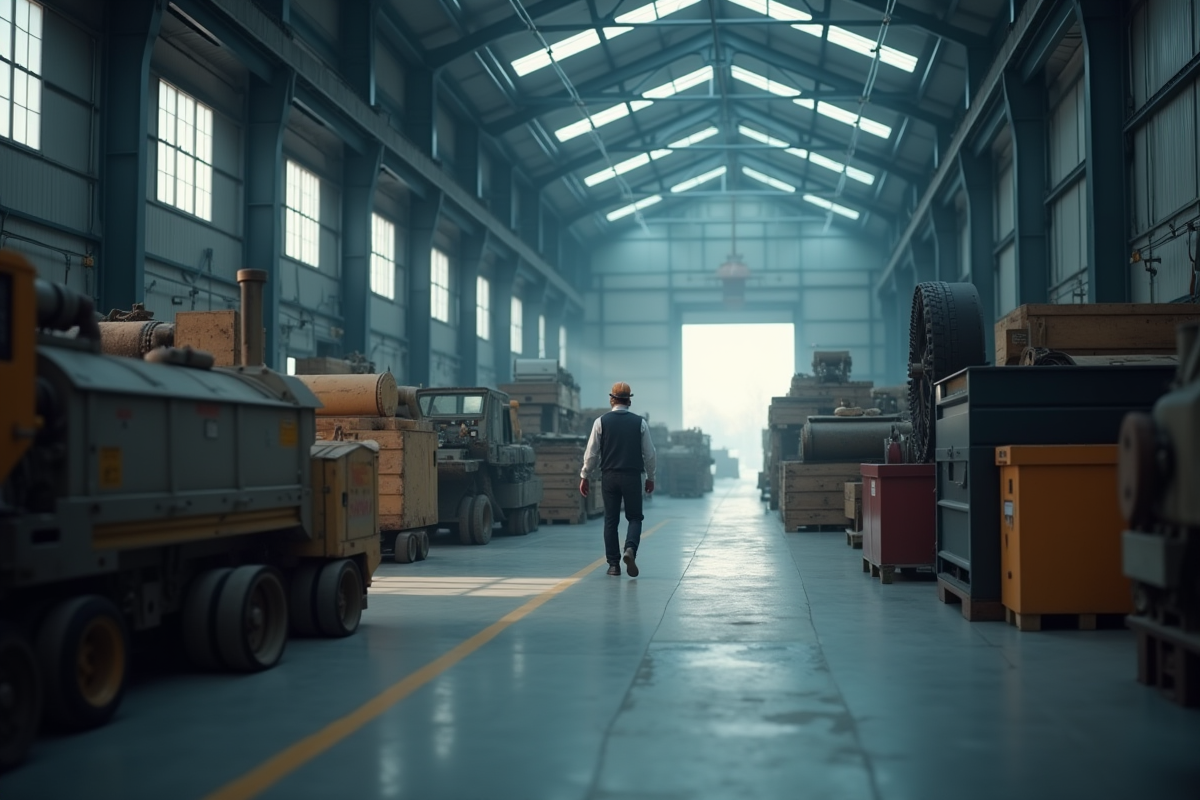 Ouvrier inspectant une machine dans un entrepôt industriel