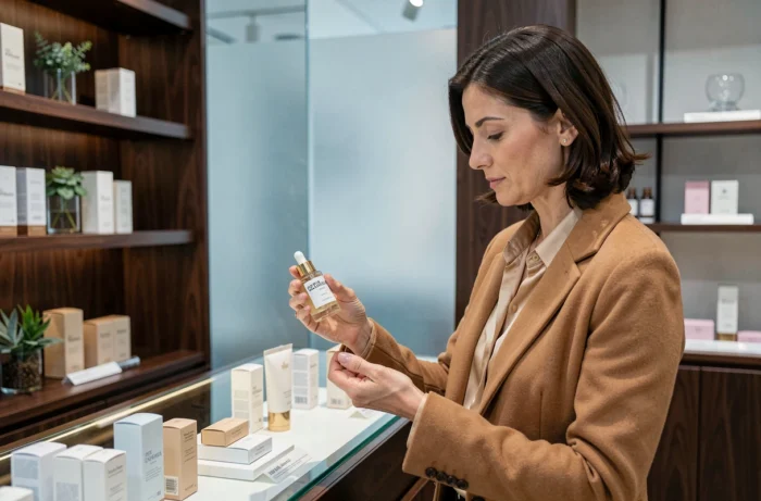 Femme élégante examinant un sérum dans une boutique beauté haut de gamme à Paris, tendances soins 2024