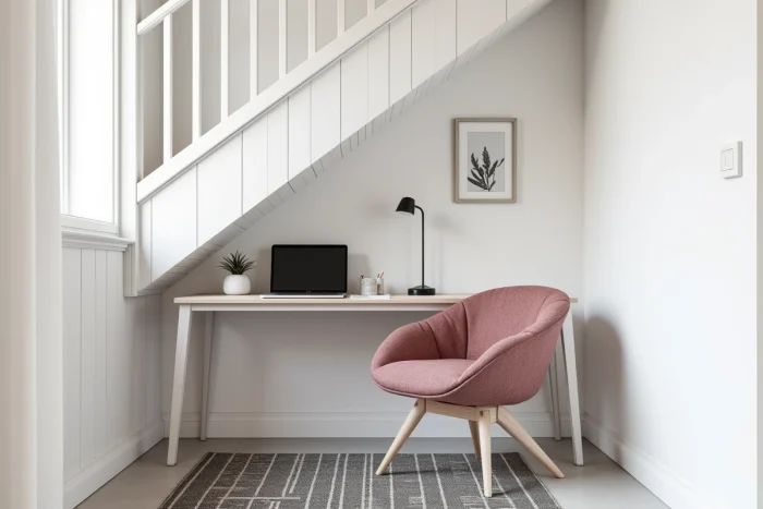 Bureau à domicile style scandinave sous un escalier avec fauteuil en bouclé rose et bureau en bois blanc
