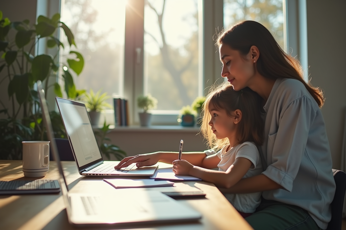 Maman et enfant travaillent dans un bureau lumineux à la maison