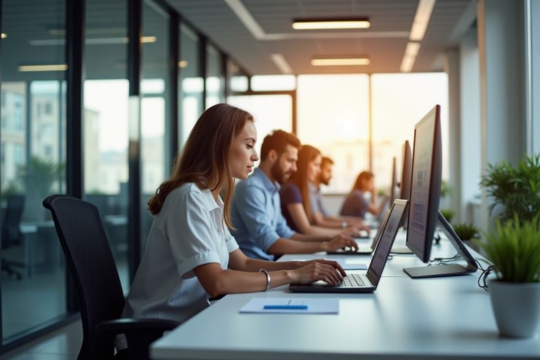 Bureau moderne ouvert avec professionnels au travail