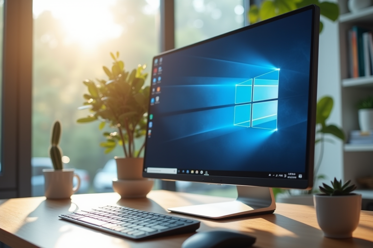Espace de travail moderne avec écran Windows 11 lumineux