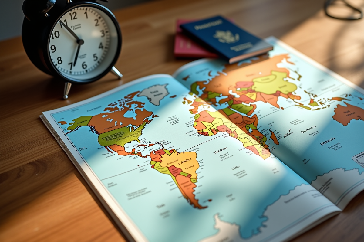 Carte du monde et réveil à côté d