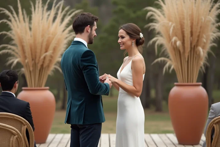 Couple échangeant des alliances lors d'une cérémonie de mariage bohème en plein air avec décoration en herbes de pampa