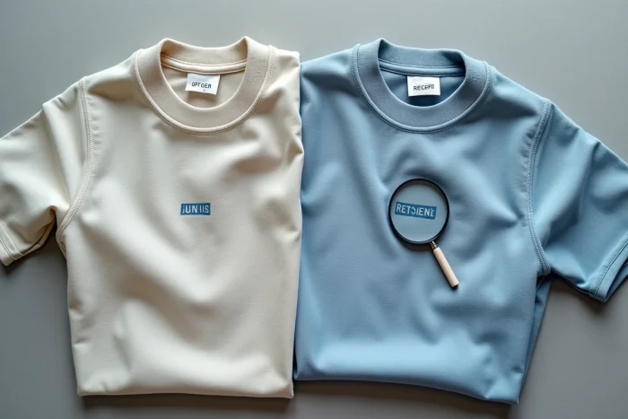 Comparaison côte à côte d'un vêtement Asos authentique et d'une contrefaçon avec détails de couture et étiquettes sous loupe