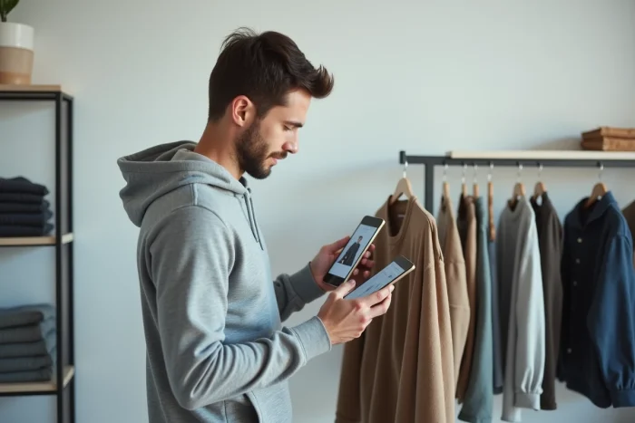 Homme comparant un vêtement Asos physique avec sa description sur une application mobile pour détecter une contrefaçon