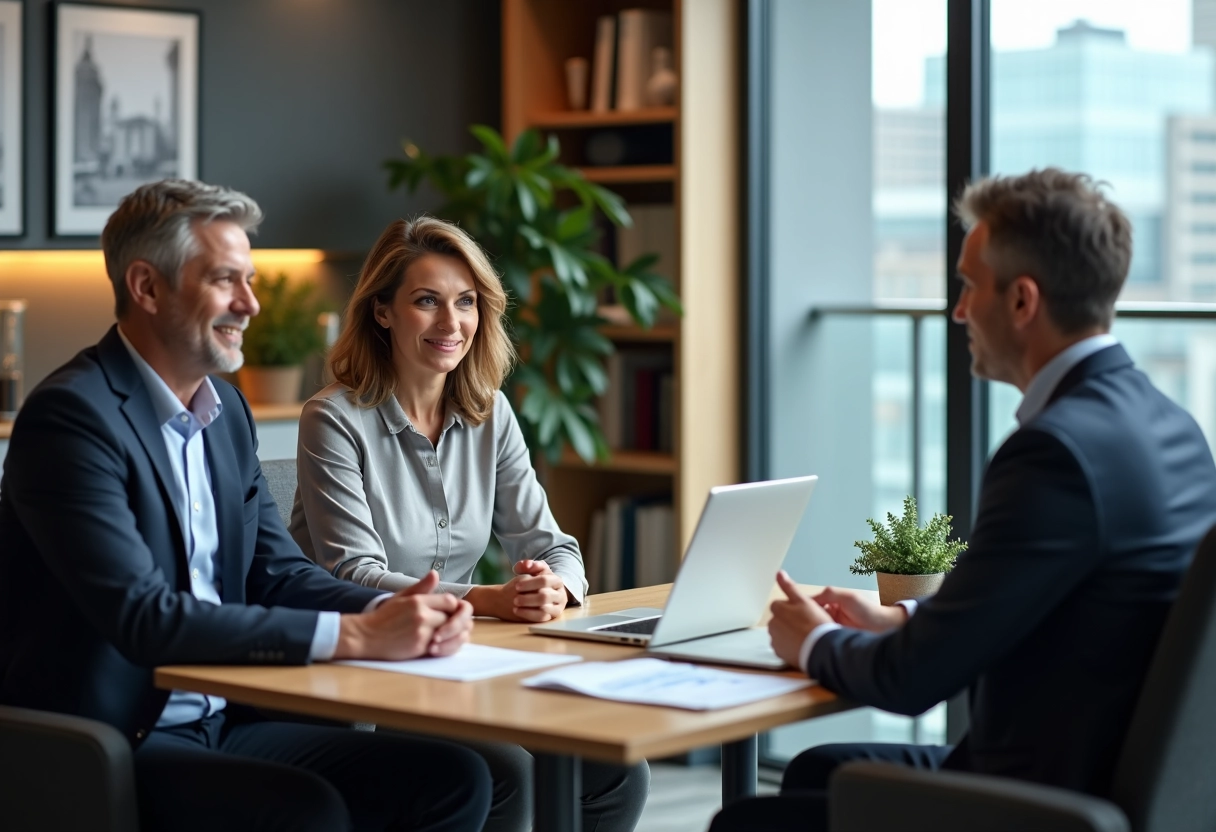 Couple et conseiller financier discutent options hypothese