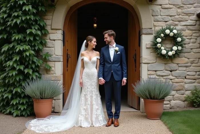Couple de mariés devant une chapelle en pierre rustique ornée d'une couronne de pivoines blanches et d'eucalyptus