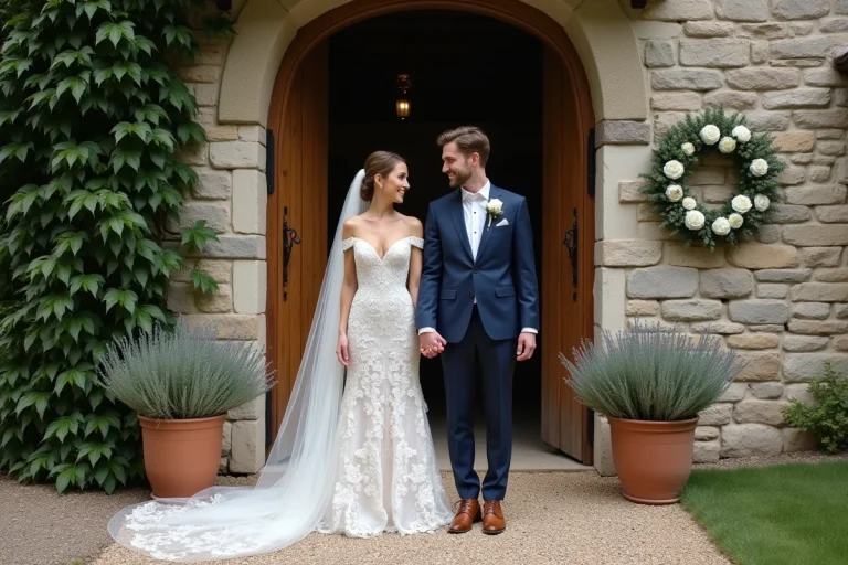Couple de mariés devant une chapelle en pierre rustique ornée d'une couronne de pivoines blanches et d'eucalyptus