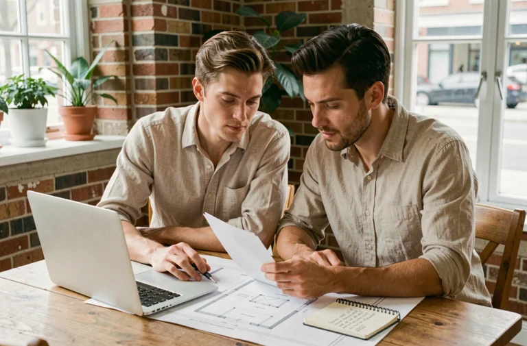Couple étudiant des plans immobiliers et des annonces en ligne pour préparer leur projet d'achat immobilier