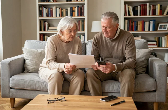 Couple de seniors consultant des documents et un smartphone ensemble dans leur salon en France