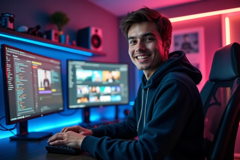 Jeune créateur de contenu web assis devant son setup de streaming avec plusieurs écrans et décor de studio moderne