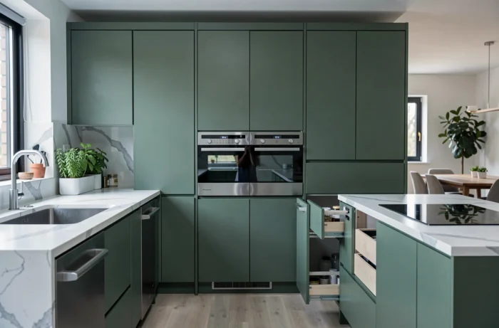 Cuisine contemporaine avec façades vert forêt mat, plan de travail en quartz et rangements modulables intégrés pour un habitat innovant