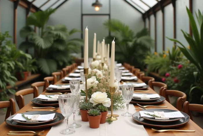 Table de réception de mariage élégamment décorée dans une serre végétale avec roses blanches, herbes de pampa et bougeoirs en laiton
