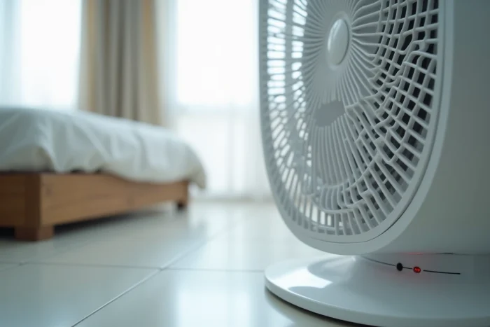 Gros plan sur le panneau de commande et la grille d'un ventilateur colonne blanc Valberg d'Electro Dépôt