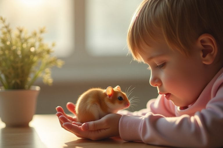 Jeune enfant tenant un hamster doré dans ses mains
