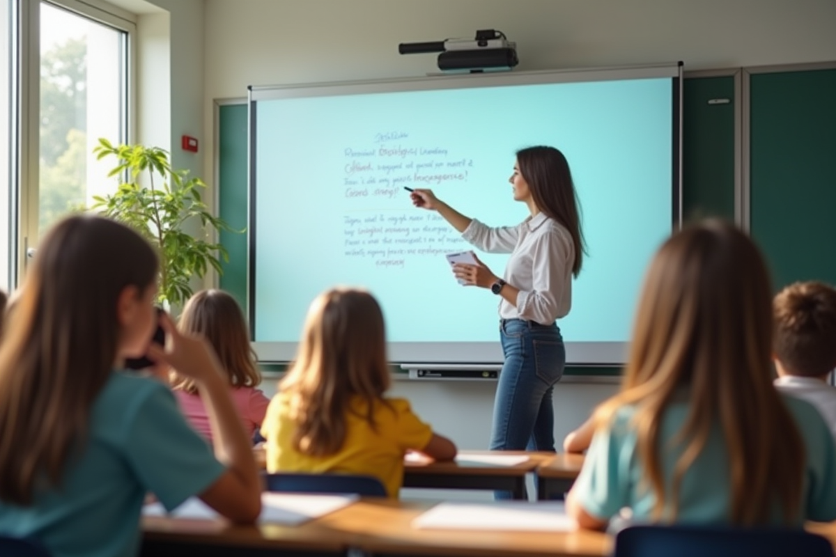 Enseignant montrant tableau interactif aux élèves en classe