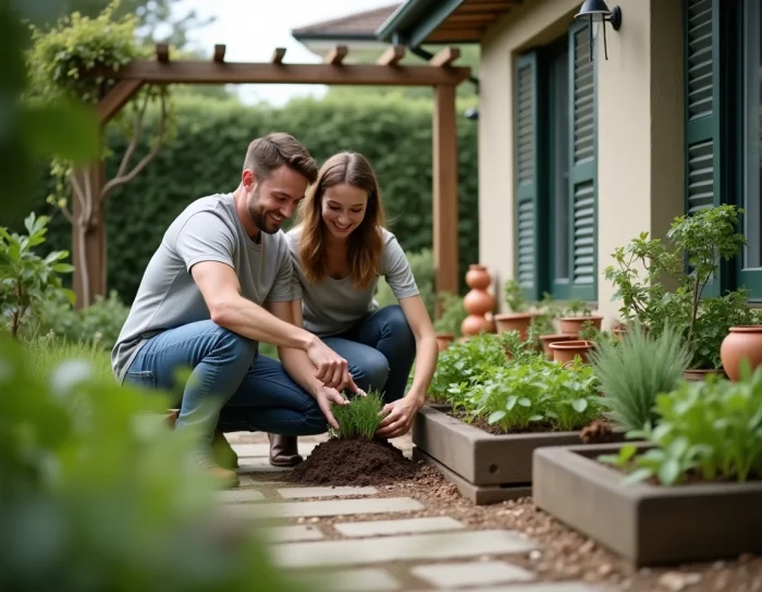 Couple entretenant un jardin potager aménagé en carrés surélevés devant une maison avec pergola