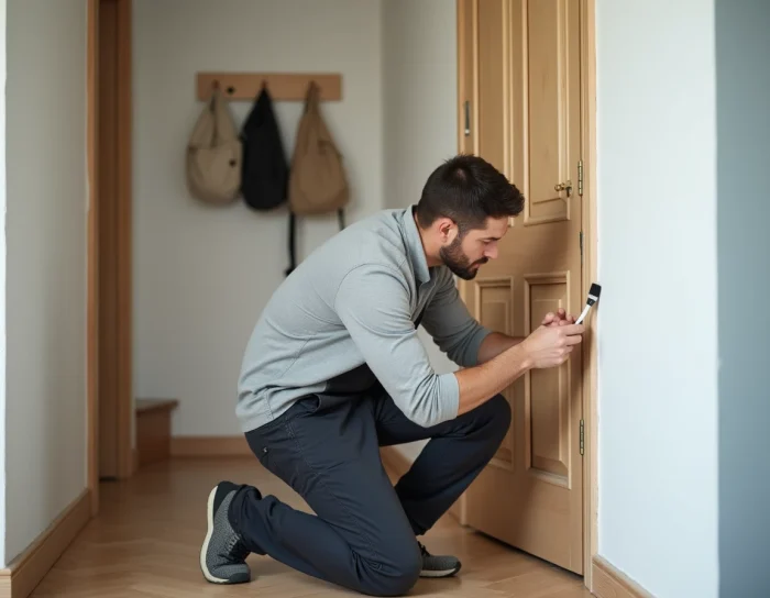 Homme effectuant des travaux d'entretien sur une porte intérieure en bois dans un couloir de maison