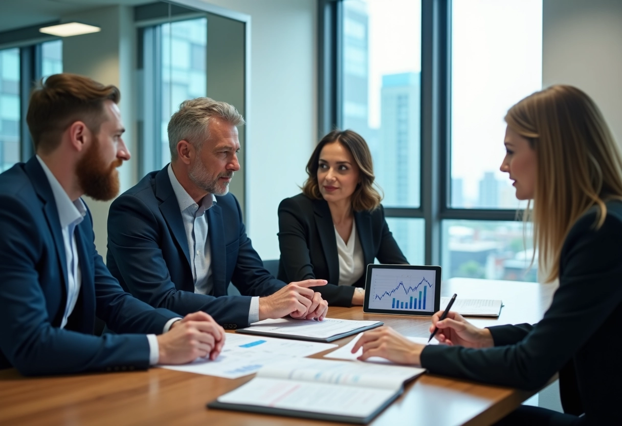 Groupe de professionnels en réunion avec graphique financier