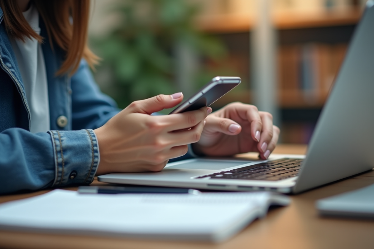 Étudiant utilisant un ordinateur portable et smartphone