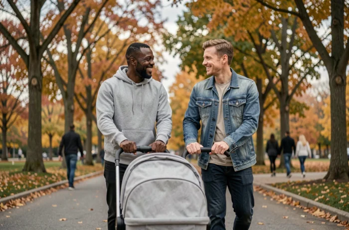 Deux pères de familles homoparentales se promenant dans un parc urbain en automne avec une poussette, illustrant la diversité des familles modernes