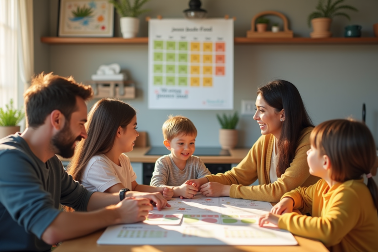 Famille heureuse organise un calendrier familial à la cuisine