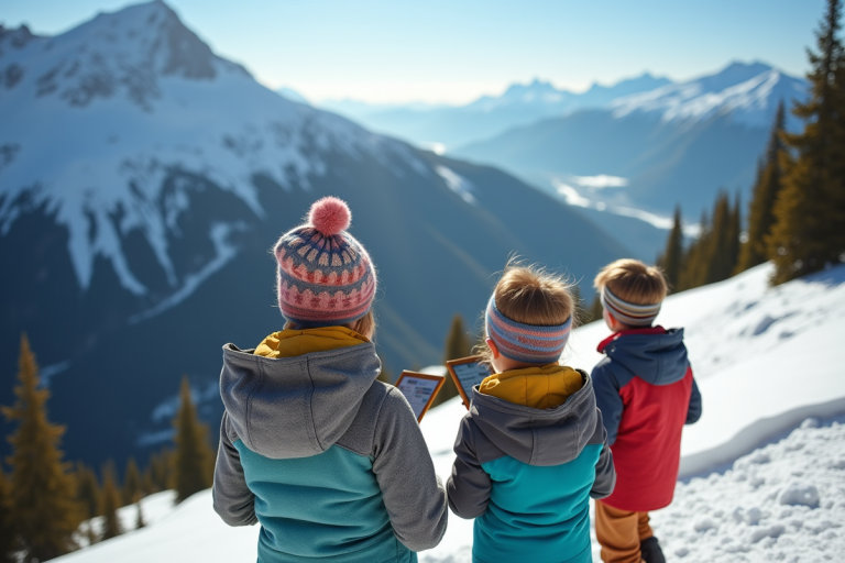 Famille utilisant cartes interactives en montagne