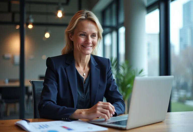 Femme d'affaires en bureau moderne avec documents et ordinateur