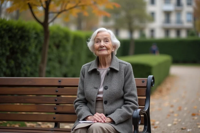 Femme française âgée assise dans un parc en automne
