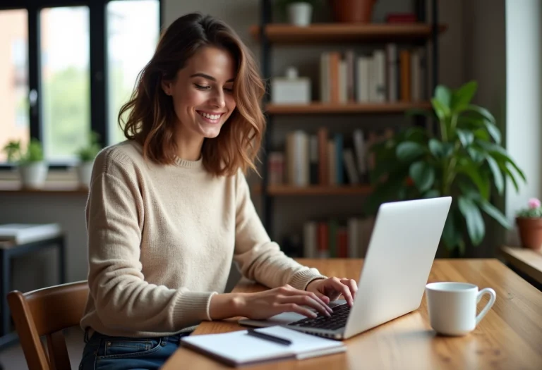 Jeune femme souriante travaillant sur son ordinateur dans un appartement