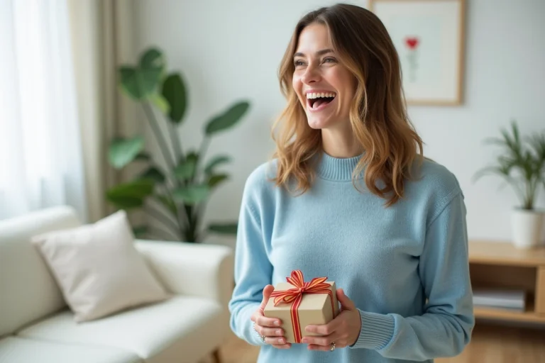 Femme souriante tenant un cadeau gratuit offert par une marque dans un salon moderne