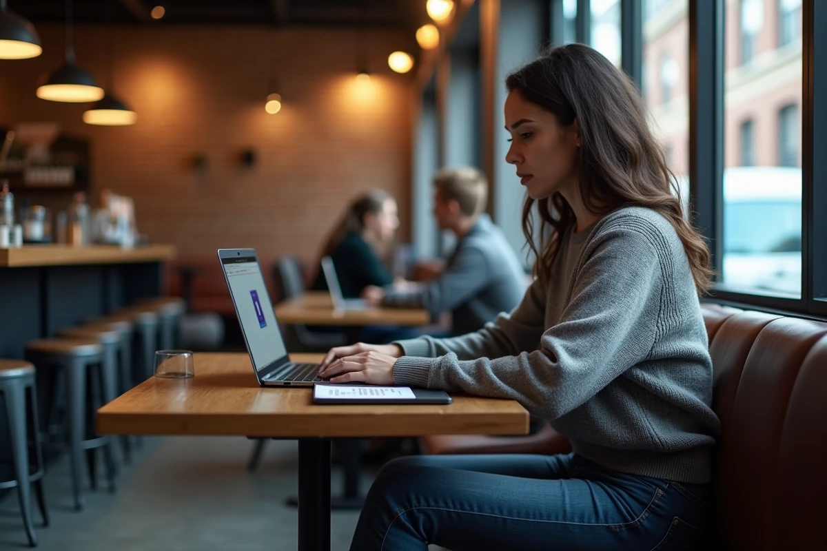 Femme dans un café urbain utilisant Tor sur son laptop