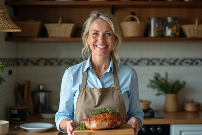 Femme française souriante présentant un plat de pied de porc dans une cuisine chaleureuse
