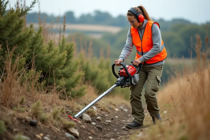 Femme équipée de protections utilisant une débroussailleuse thermique pour défricher un terrain en pente envahi de végétation