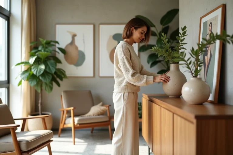 Femme élégante arrangeant des vases dans un appartement moderne