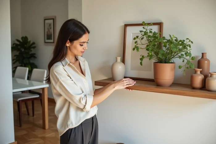 Femme arrangeant des objets décoratifs sur une étagère murale en bois dans un intérieur contemporain