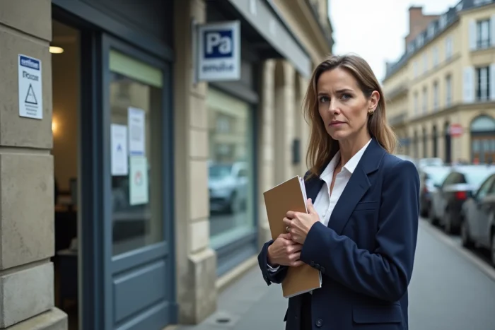 Femme devant une agence Pôle emploi tenant un dossier administratif lors d'une démarche de réinscription après radiation