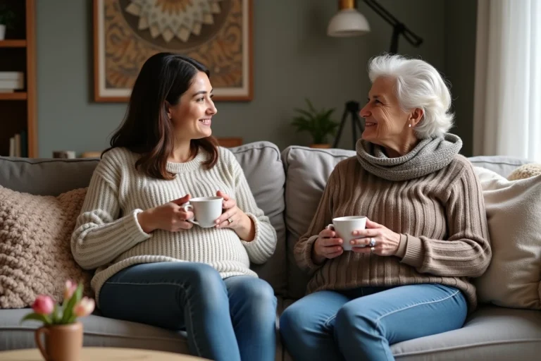 Femme enceinte souriante avec une femme âgée à la maison